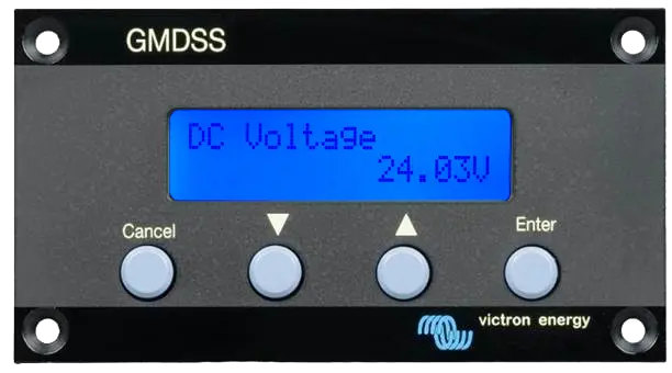 GMDSS electronic panel with digital display and control buttons, featuring Victron Energy branding.