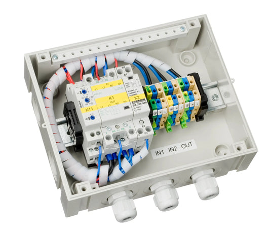 Electrical panel with wiring and components on a white background