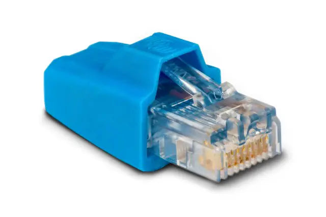Blue Ethernet cable connector on a white background