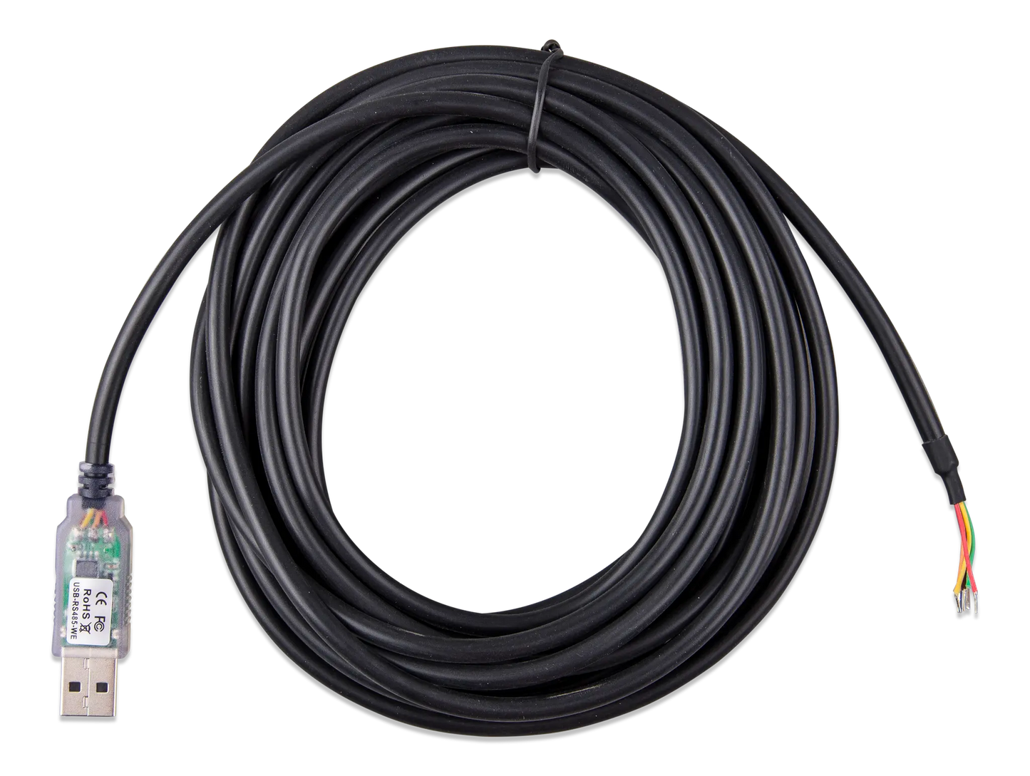 Coiled black cable with USB connector on a white background