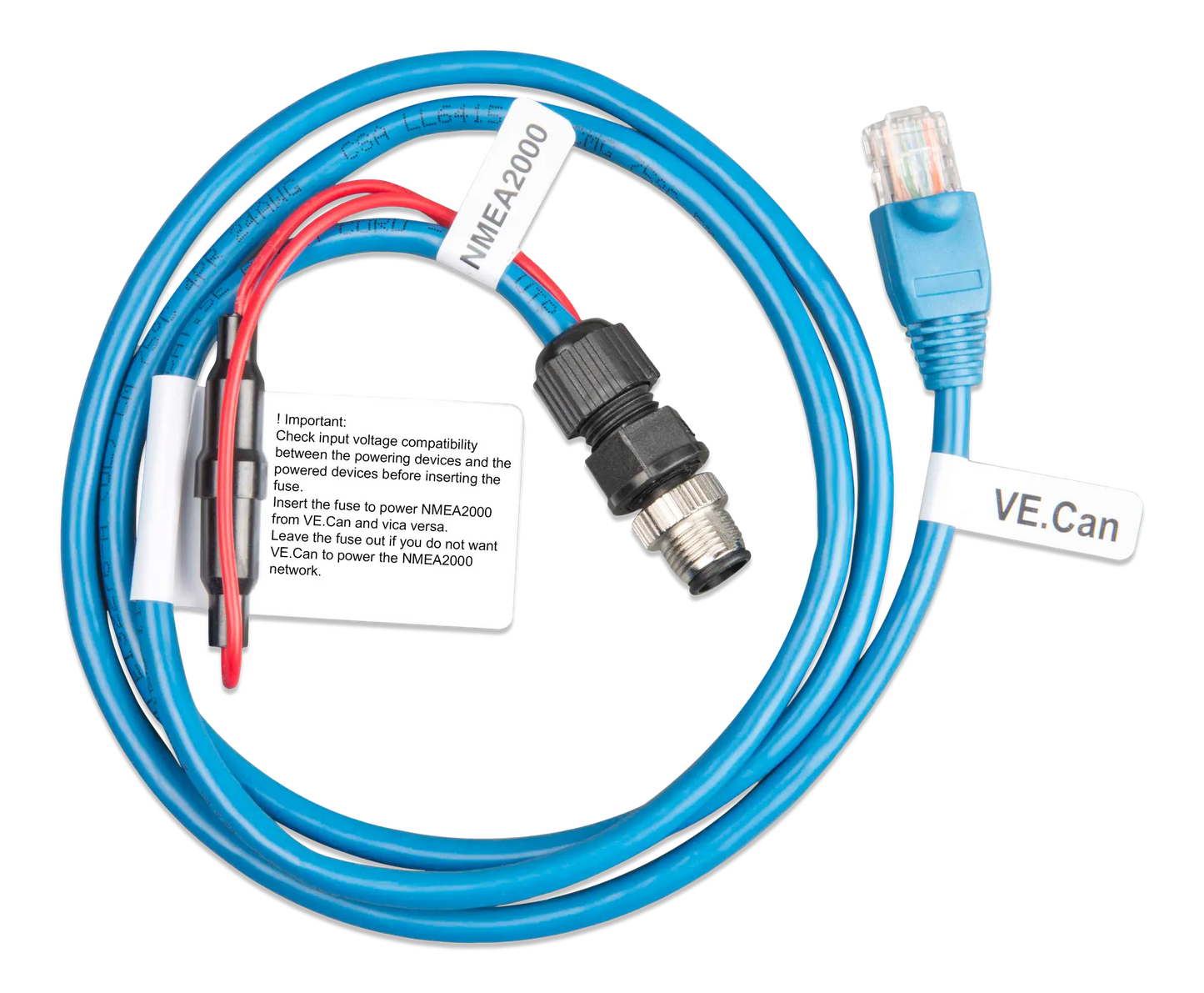 Blue cable with connectors and labels on a white background