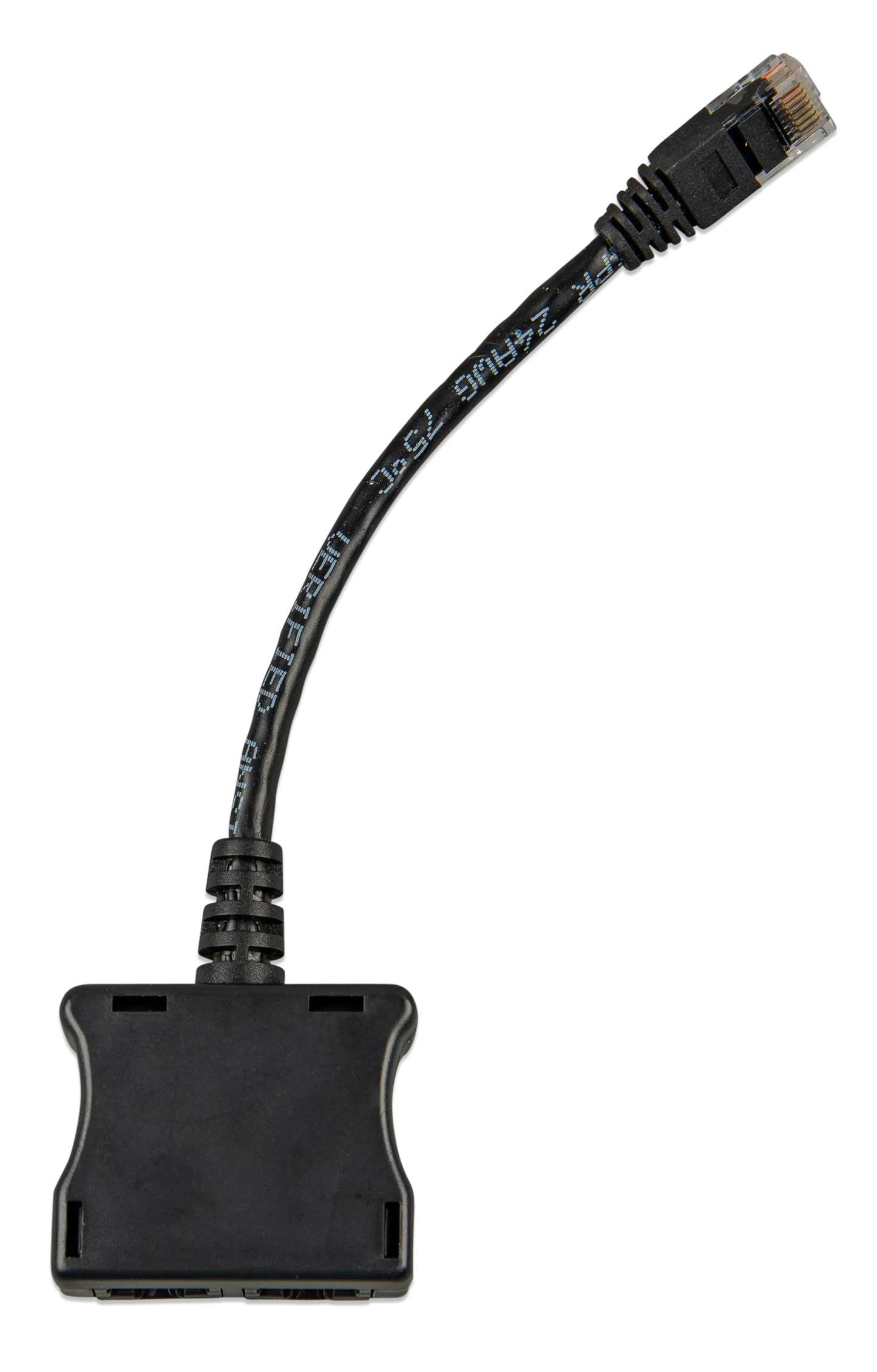 Black Ethernet cable connector on a white background