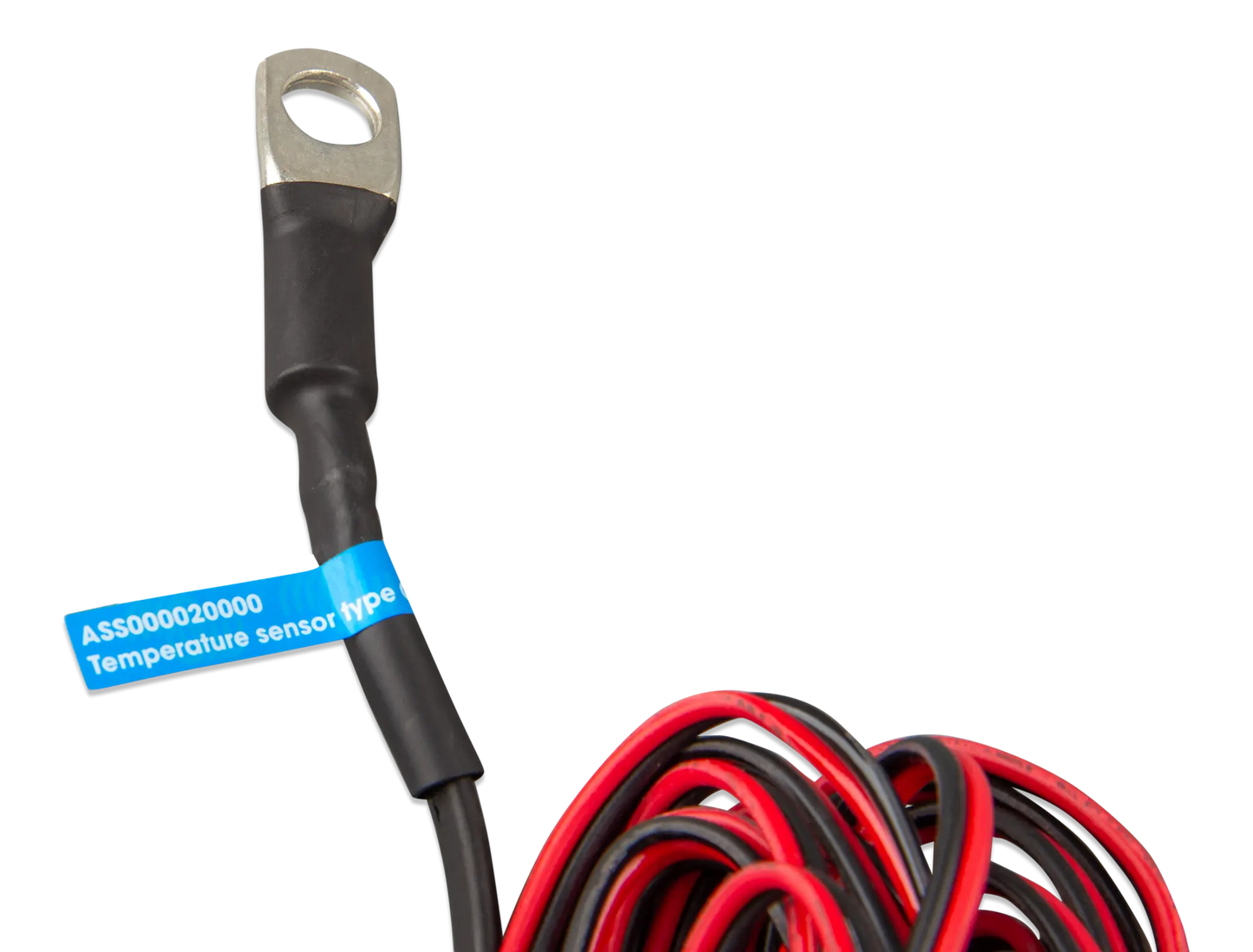 Temperature sensor cable with red and black wires on a white background