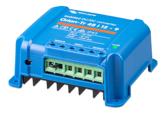 Blue DC/DC converter with visible branding on a white background