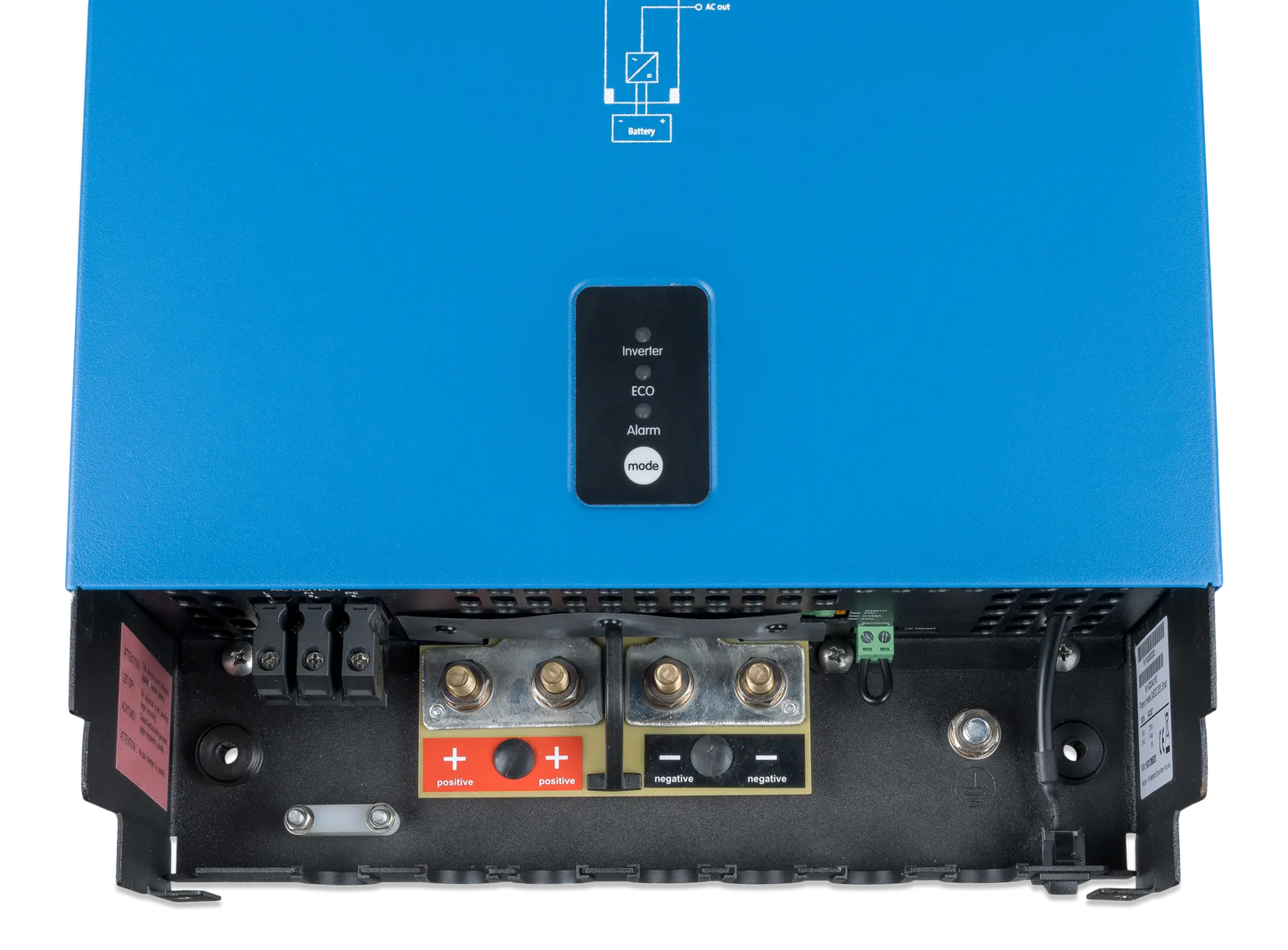 Blue power inverter with battery connections on a white background