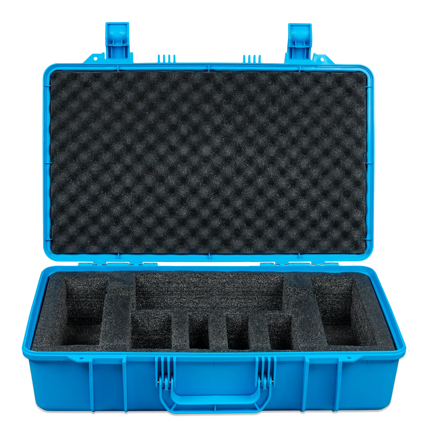 Blue hard-shell case with black foam interior on a white background