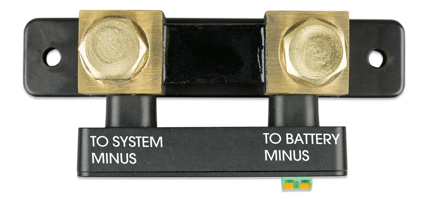 Electrical connector with brass terminals labeled 'TO SYSTEM MINUS' and 'TO BATTERY MINUS' on a white background.