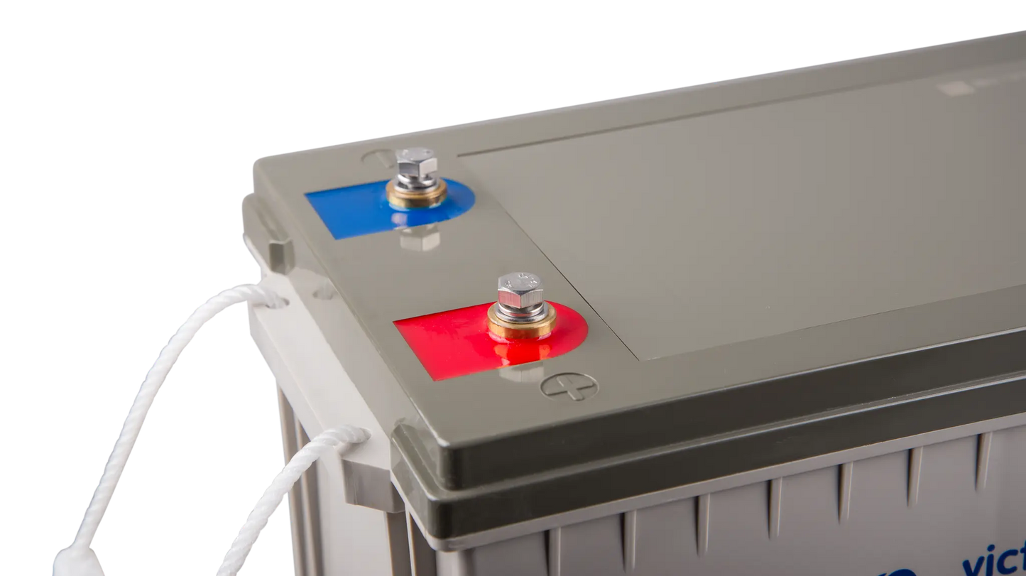 Battery with labeled terminals on a white background