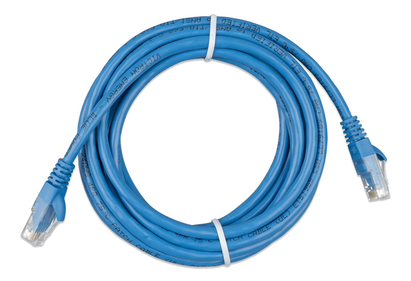 Blue Ethernet cable coiled on a white background