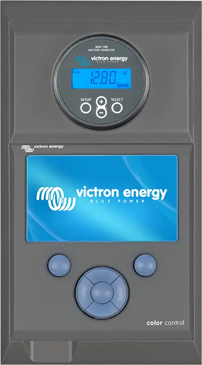 Victron Energy power management system with digital display and control panel.
