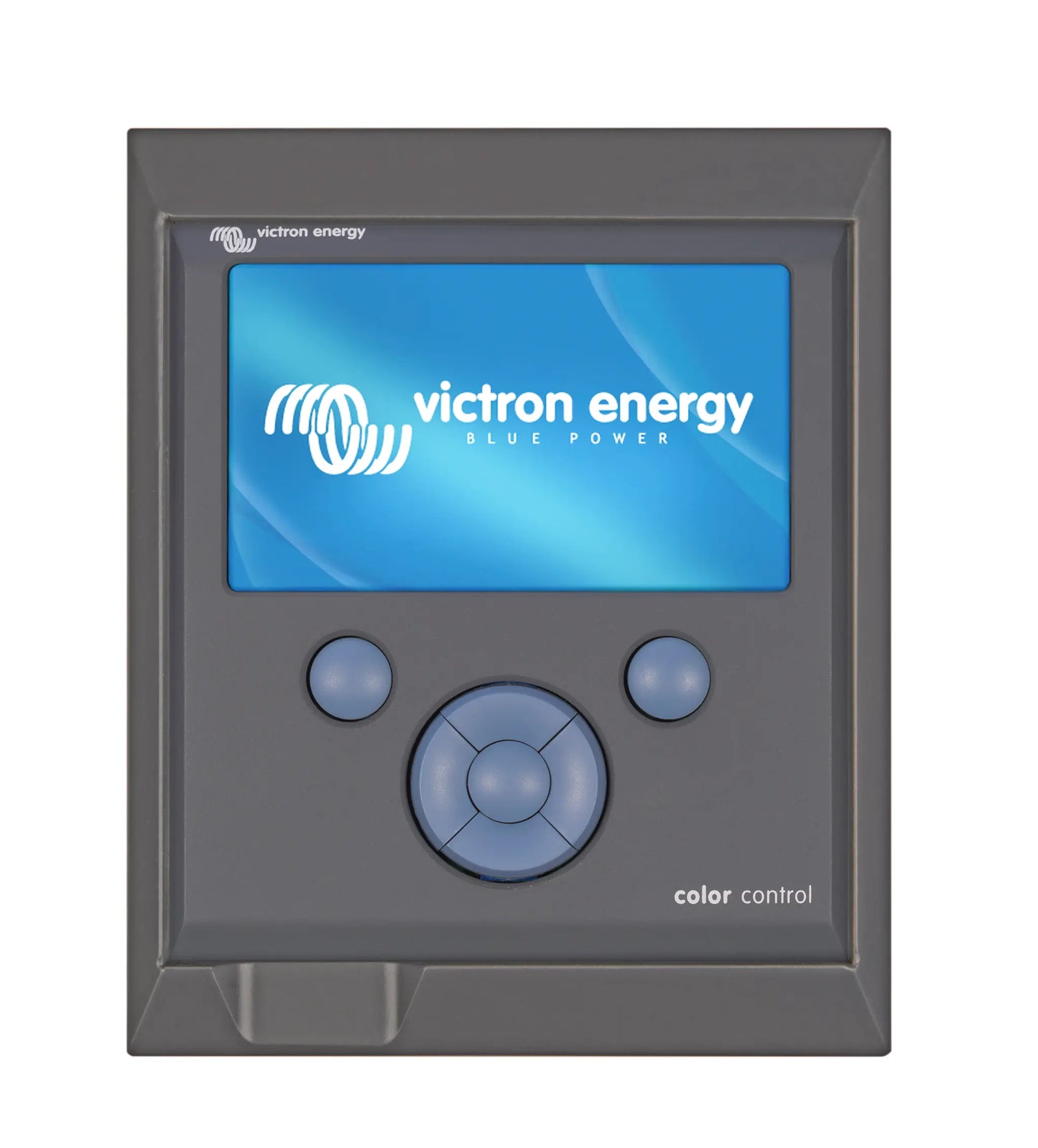 Victron Energy color control panel with blue screen on a white background