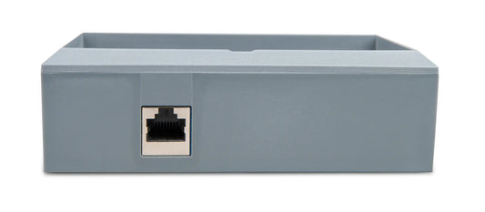 Gray electronic component with Ethernet port on a white background