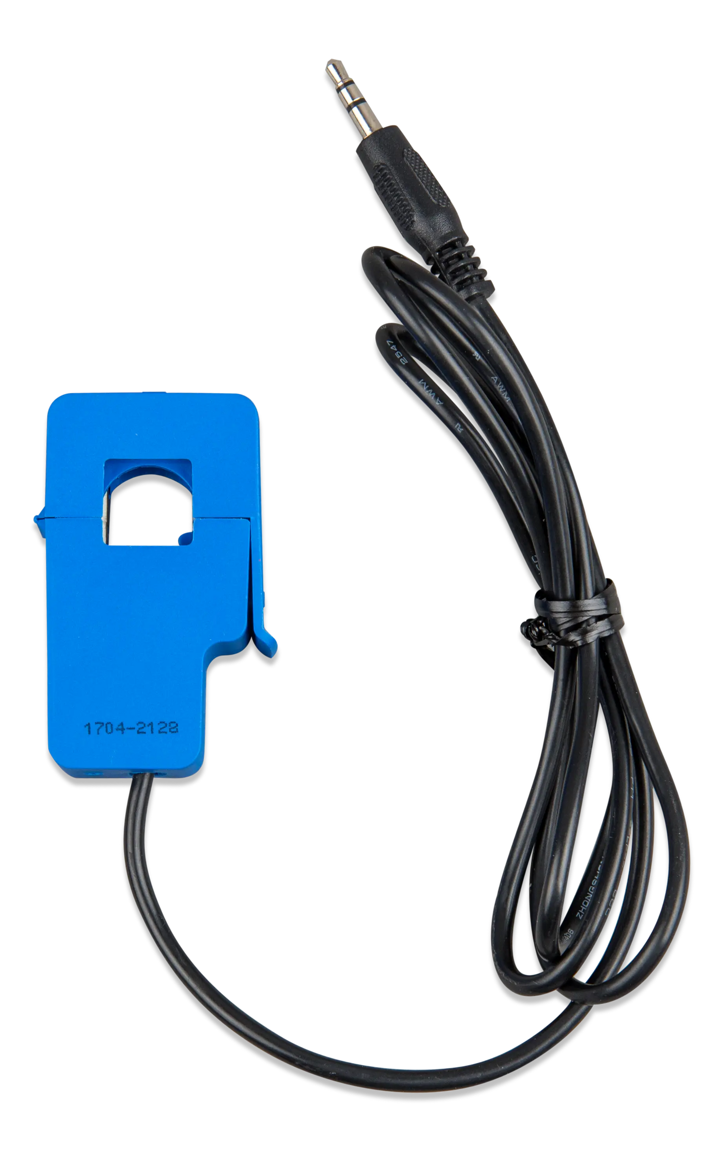 Blue clip with a black cable on a white background