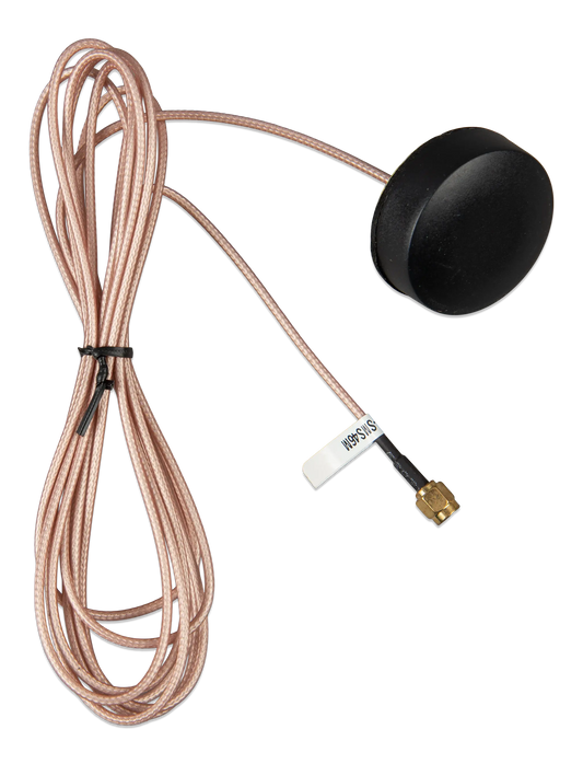 Antenna with coiled cable and black connector on a white background