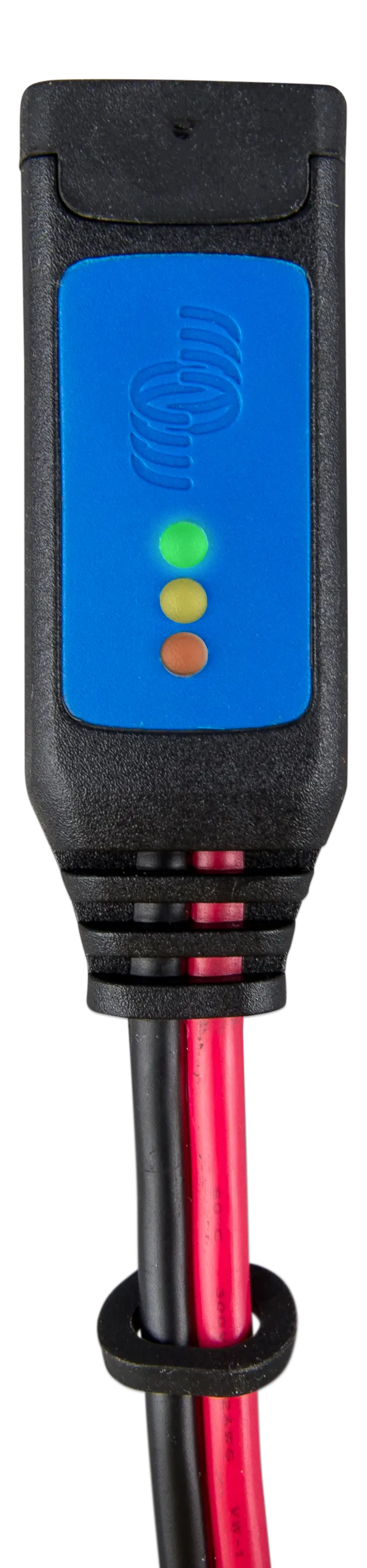 Black electronic device with blue LED indicator and red and black cables on a white background