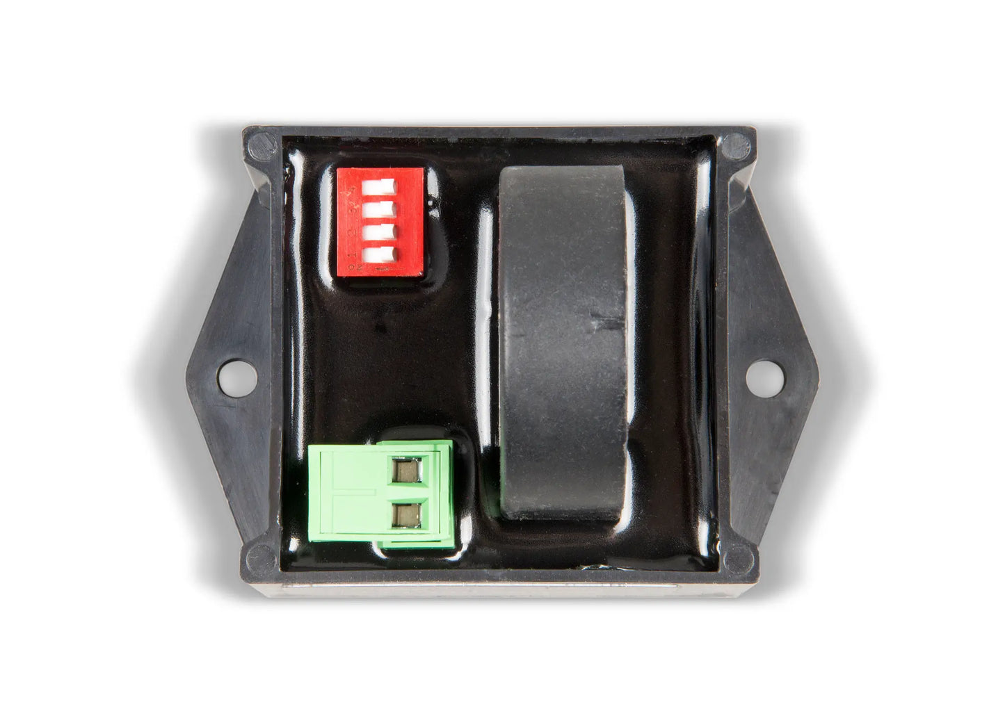 Electrical component with red, green, and black connectors on a white background