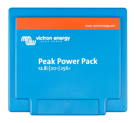 Blue Victron Energy Peak Power Pack with orange stripe on a white background