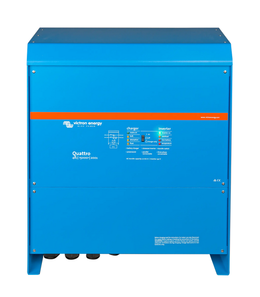 Blue Victron Energy Quattro battery charger on a white background