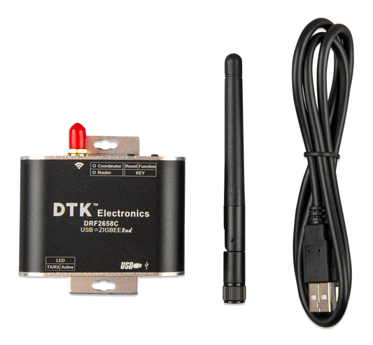 DTK Electronics Zigbee module with antenna and cable on a white background