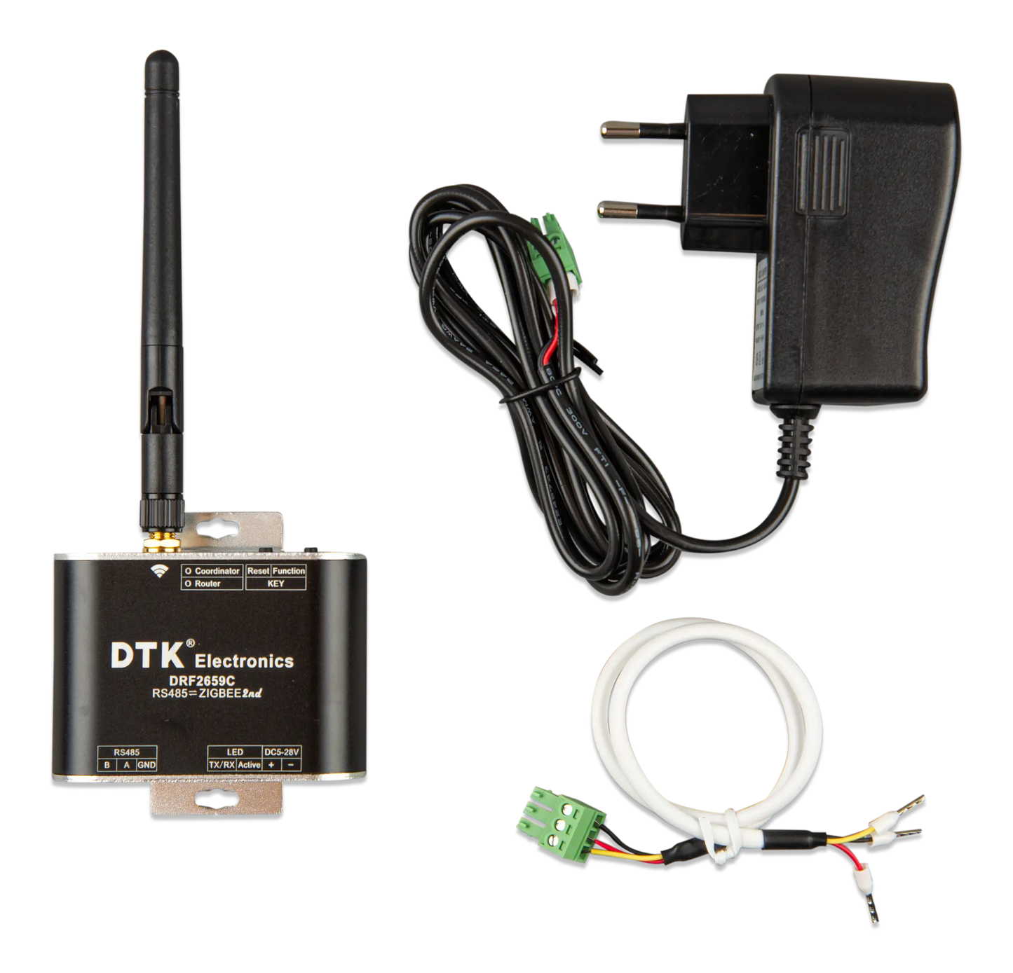 DTK Electronics remote control system with antenna, power adapter, and wiring on a white background