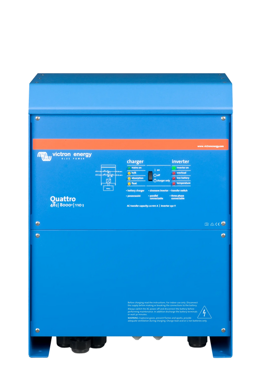 Blue Victron Energy Quattro 3000/1200-45-12 inverter on a white background