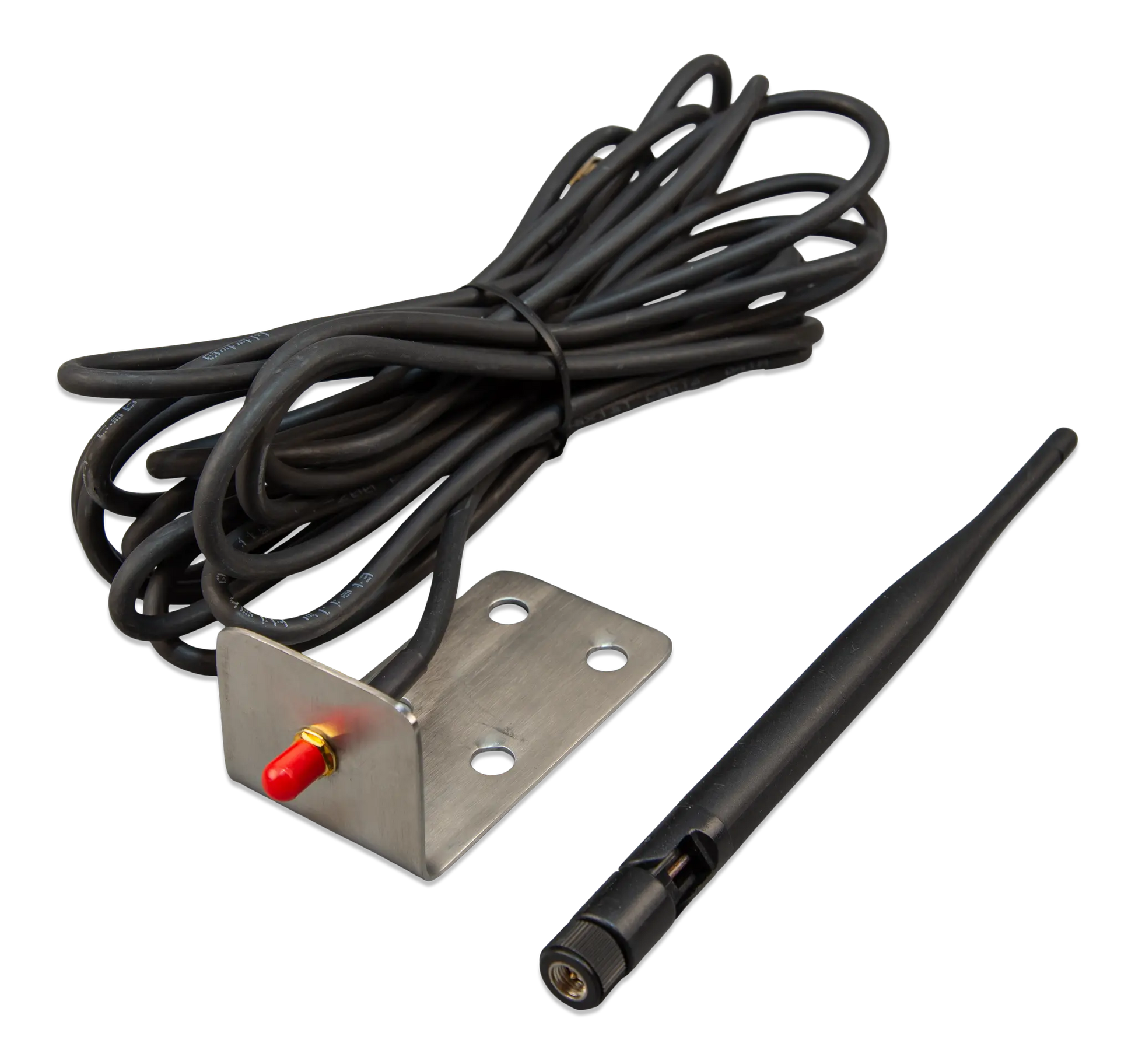Antenna kit with black cable, metal bracket, and antenna on a white background