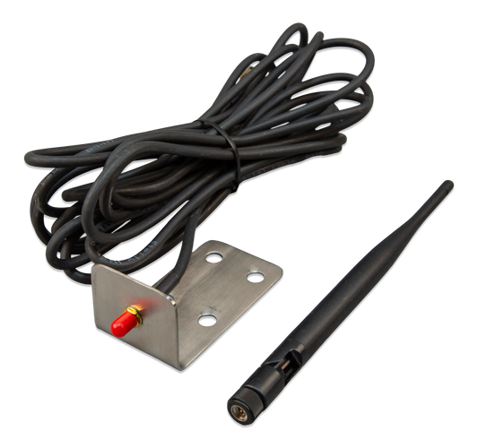 Antenna kit with black cable, metal bracket, and antenna on a white background