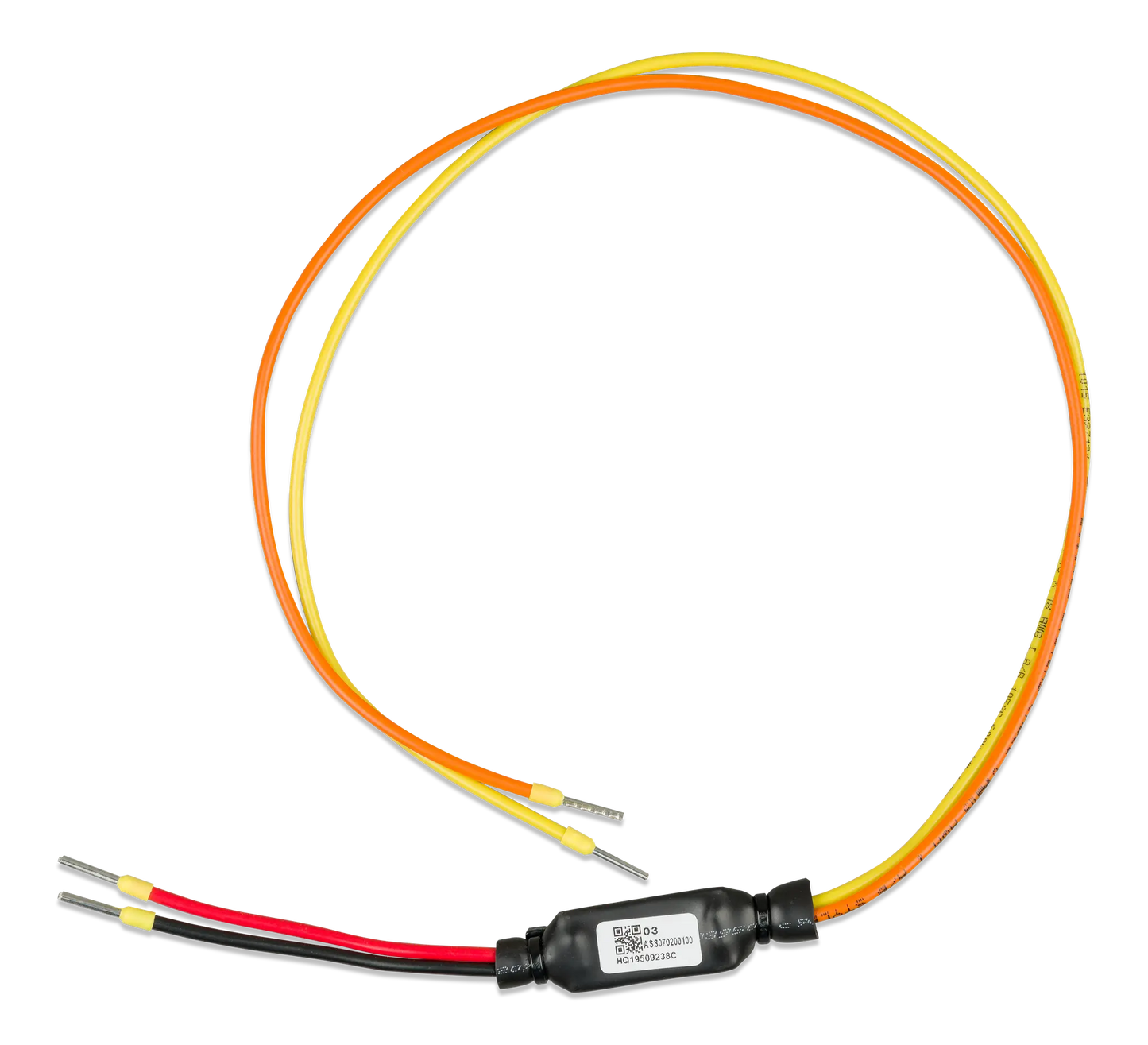 Coiled cable with red, yellow, and black wires on a white background