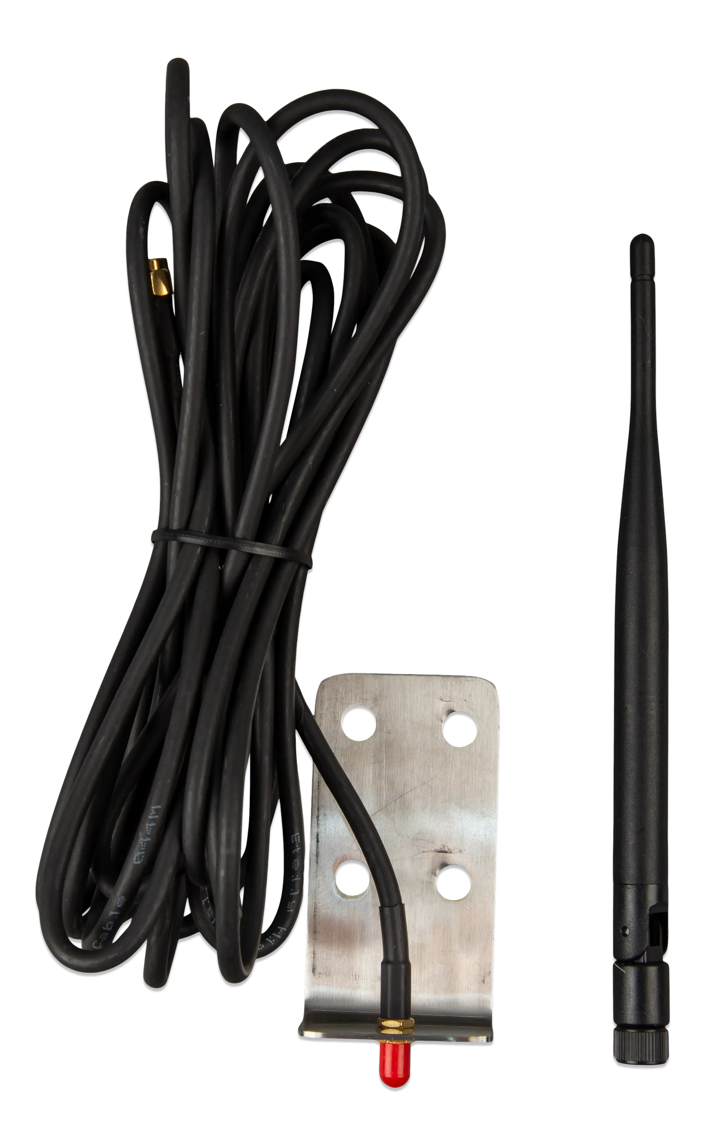 Antenna kit with cable, bracket, and small black antenna on a white background