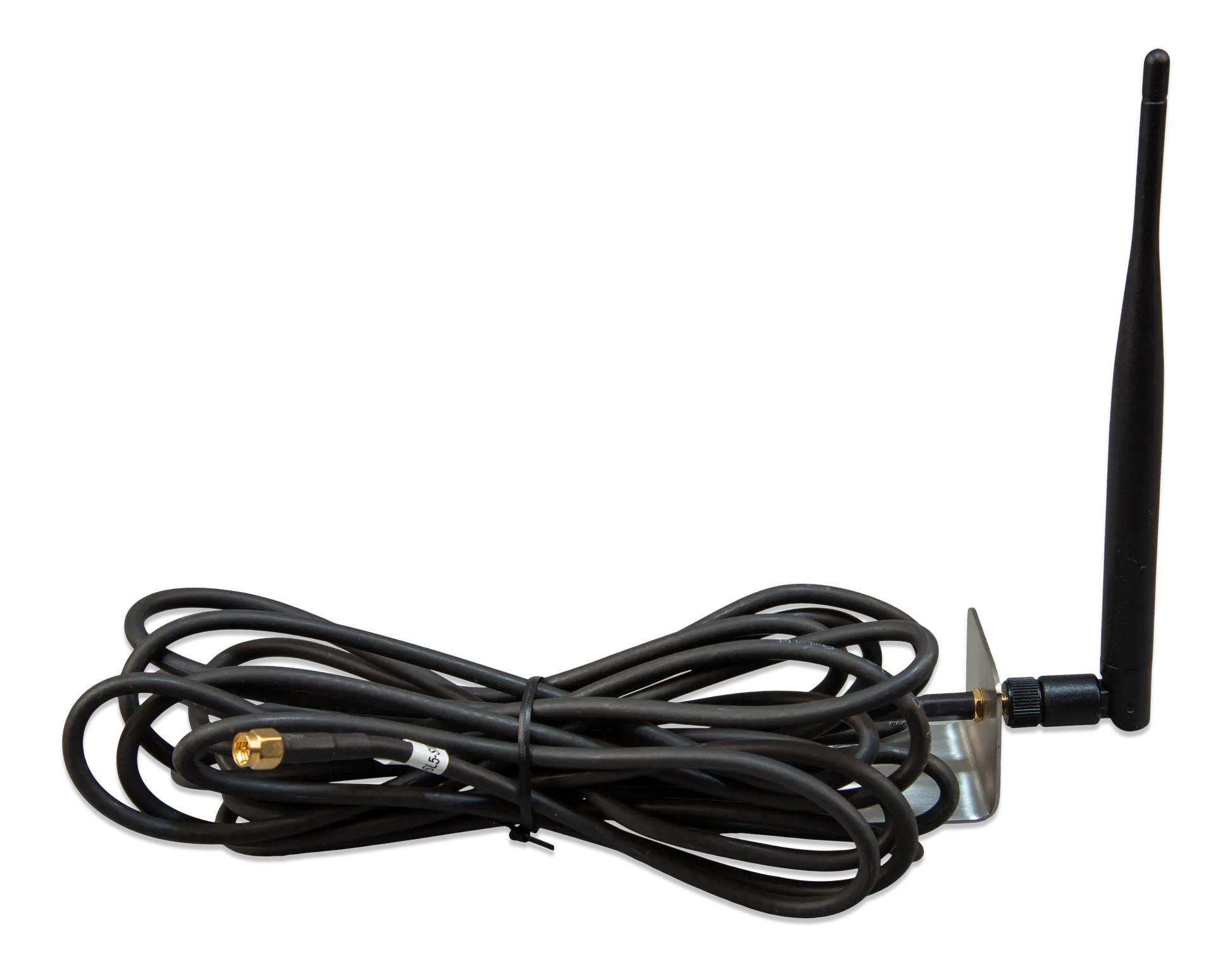 Black antenna with cable on a white background