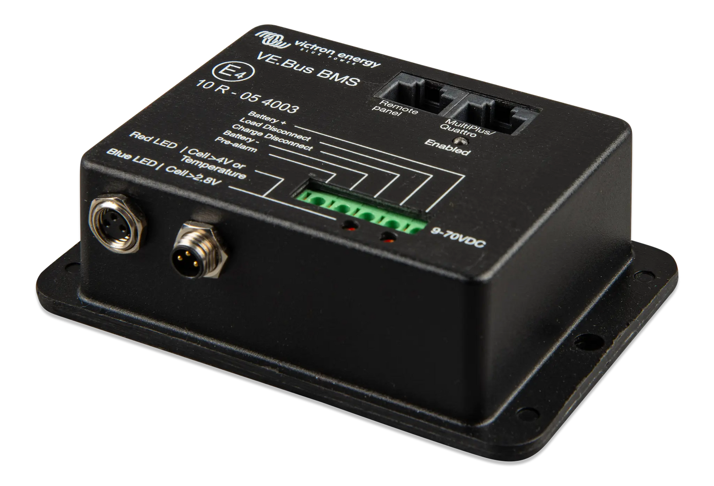 Black electronic module with connectors and labels on a white background