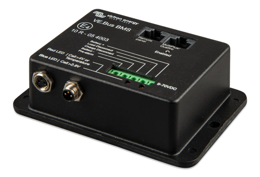 Black electronic module with connectors and labels on a white background