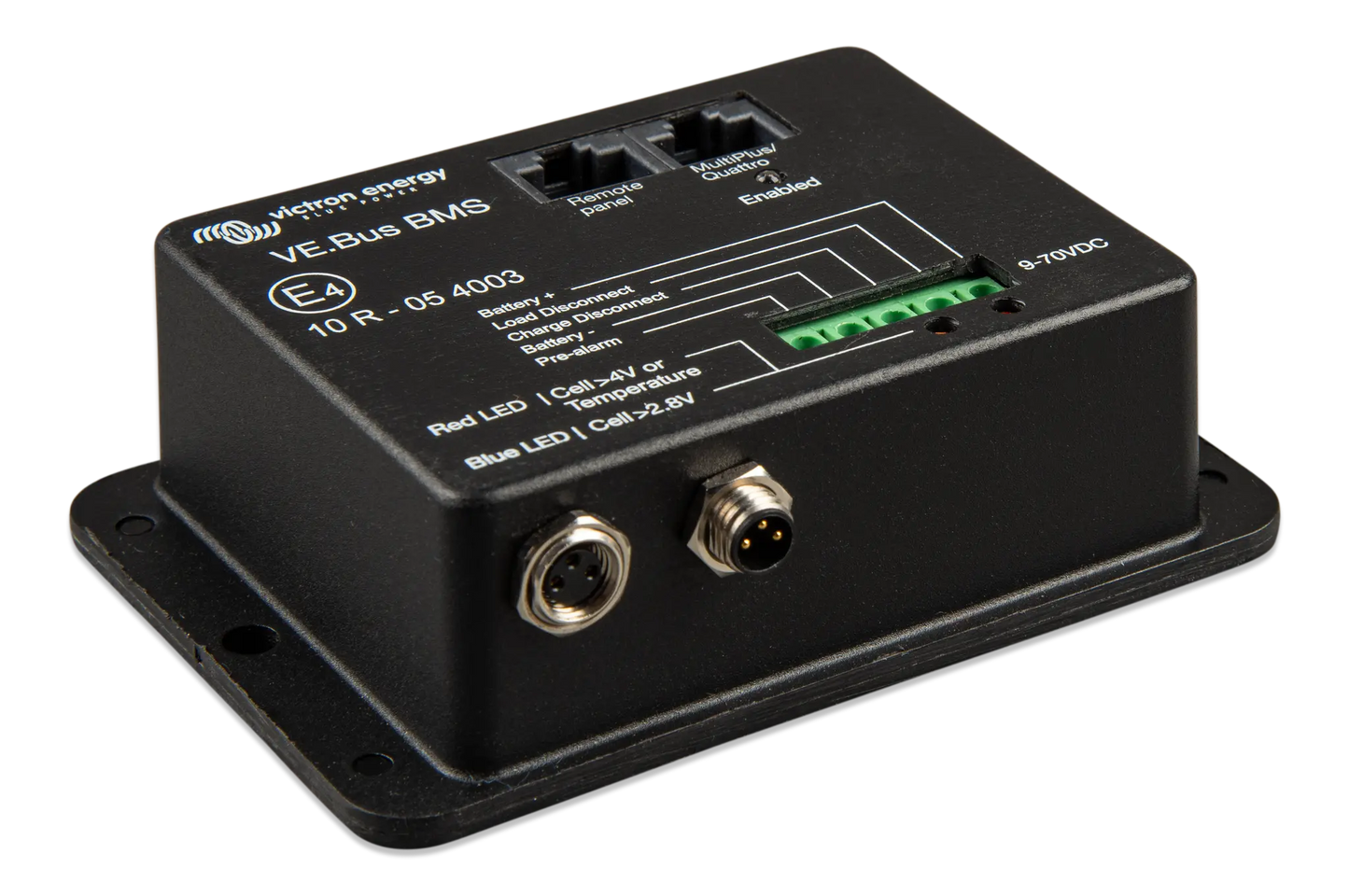 Black electronic module with connectors and labels on a white background