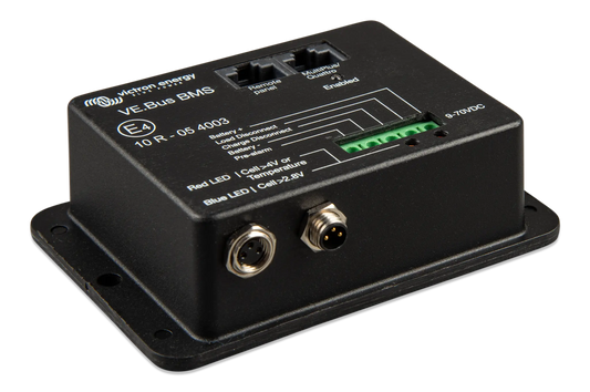 Black electronic module with connectors and labels on a white background