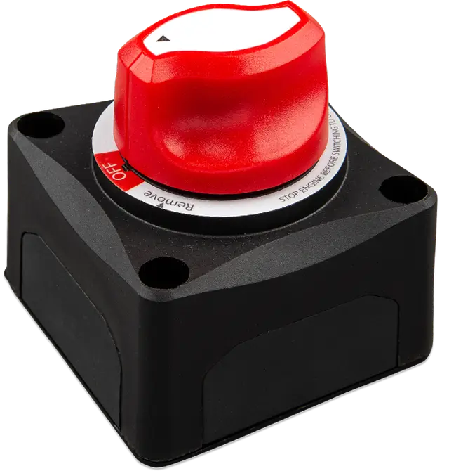 Red push button switch on a black base with white text