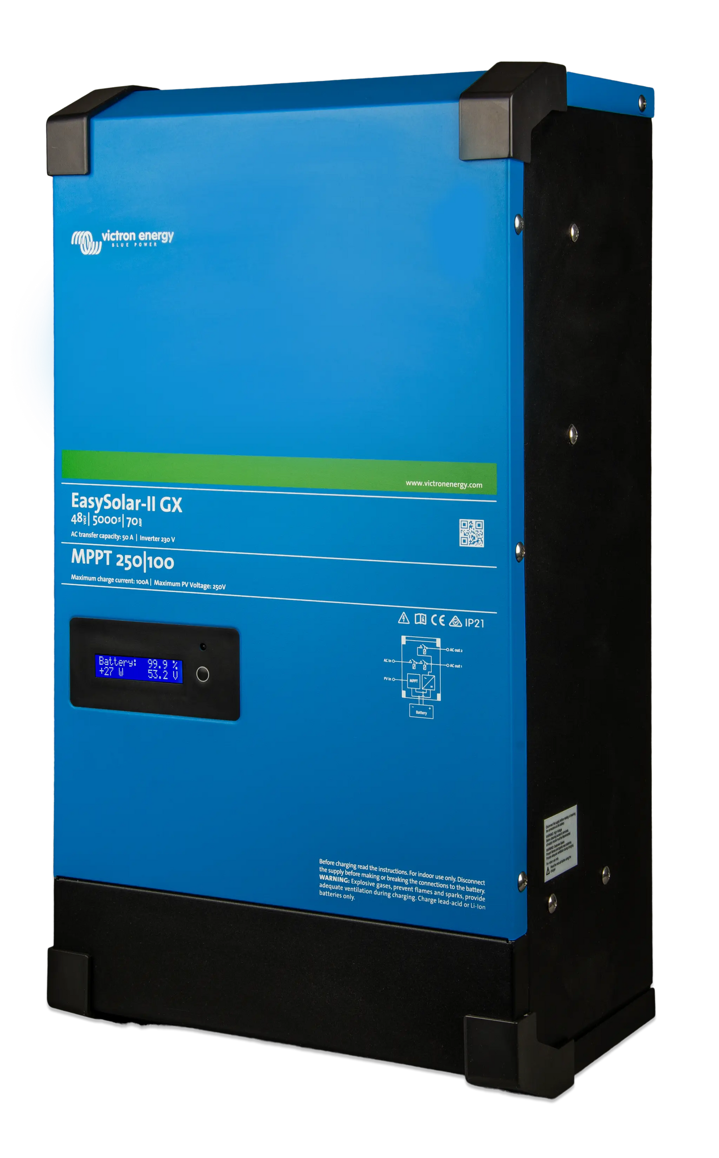 Blue and black power inverter with digital display on a white background