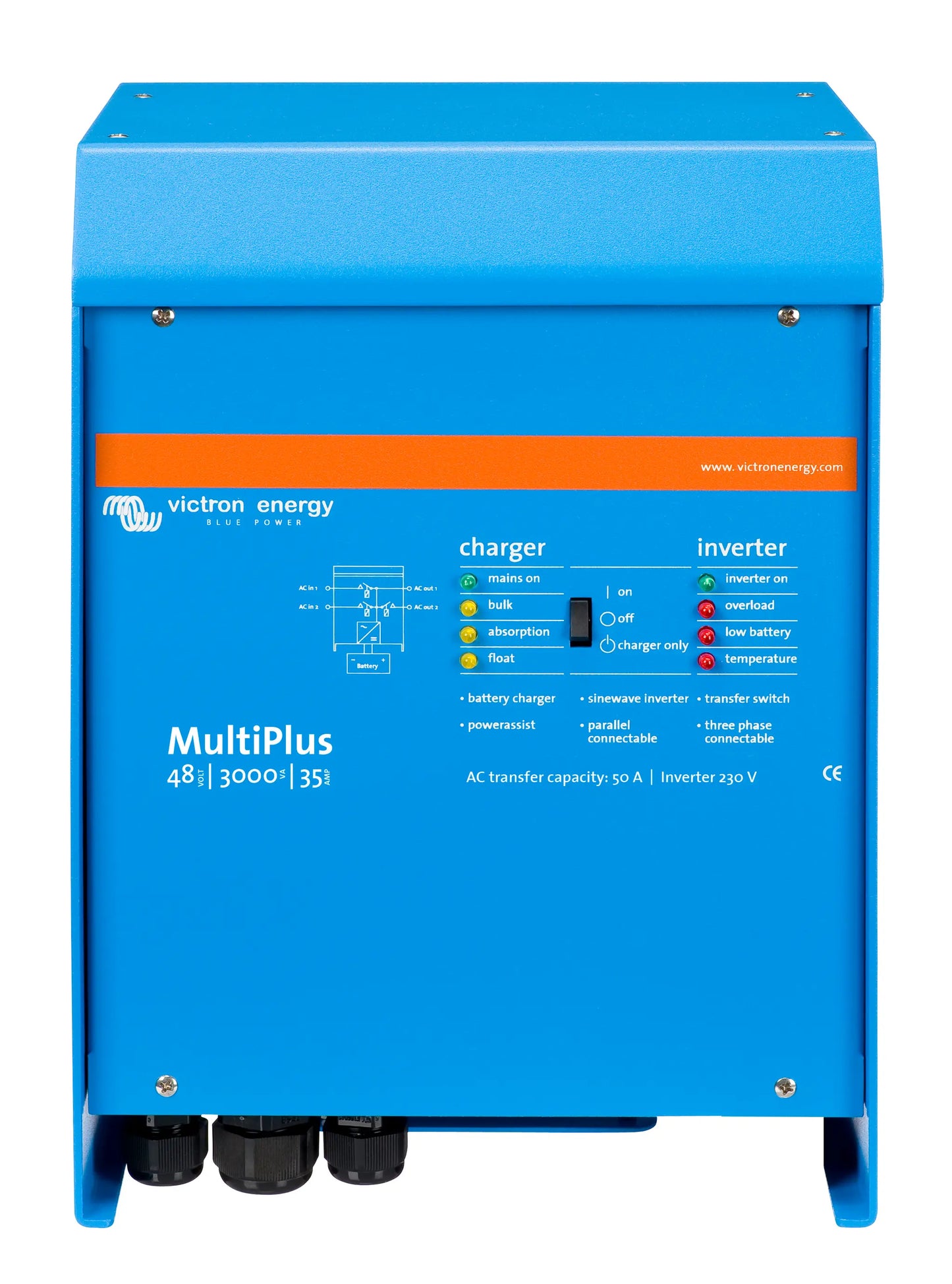 Blue Victron Energy MultiPlus battery charger and inverter on a white background