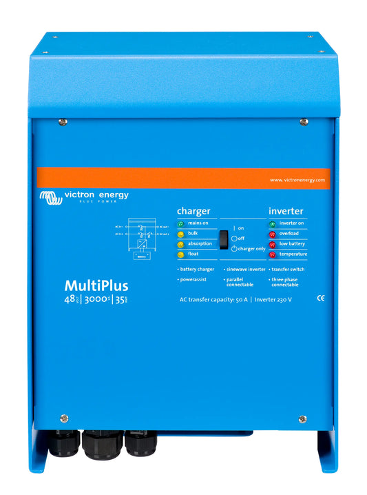 Blue Victron Energy MultiPlus battery charger and inverter on a white background
