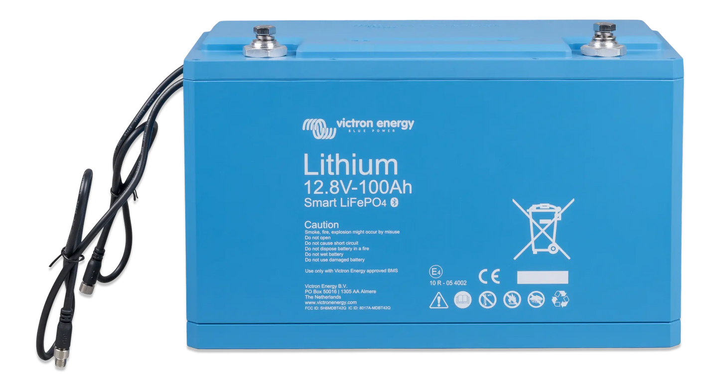 Blue lithium battery with visible branding on a white background