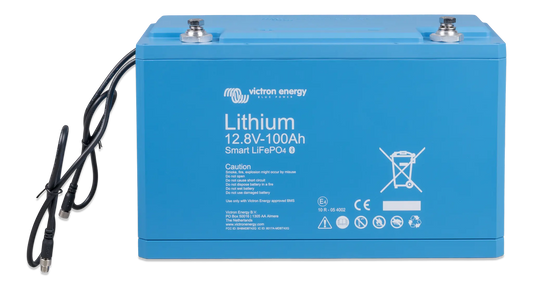 Blue lithium battery with visible branding on a white background