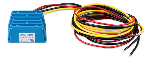 Blue electronic component with multicolored wires on a white background