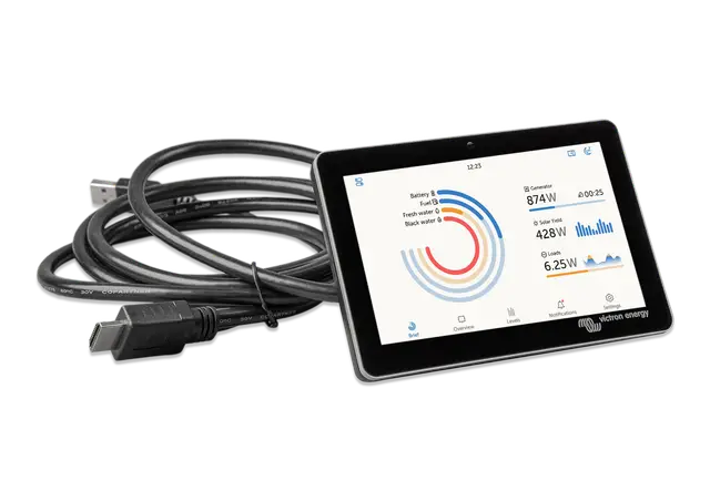 Tablet with energy monitoring app displaying data on a white background