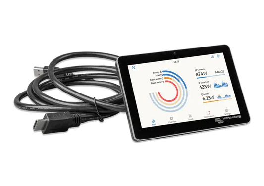 Tablet with energy monitoring app displaying data on a white background