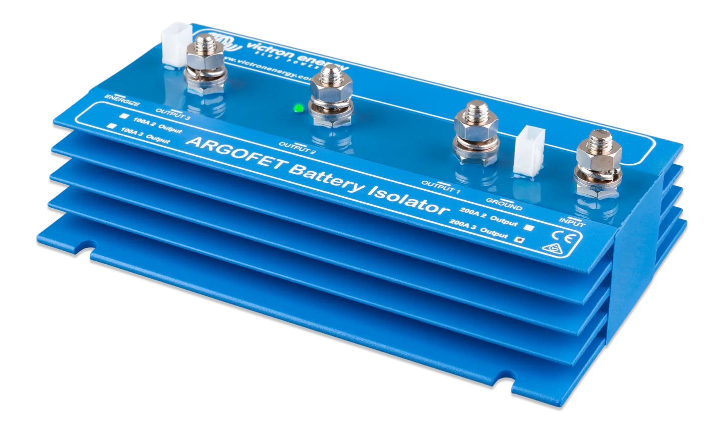 Blue battery isolator with metallic connectors on a white background