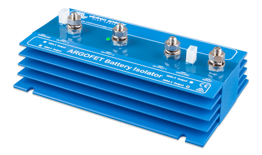 Blue battery isolator with metallic connectors on a white background