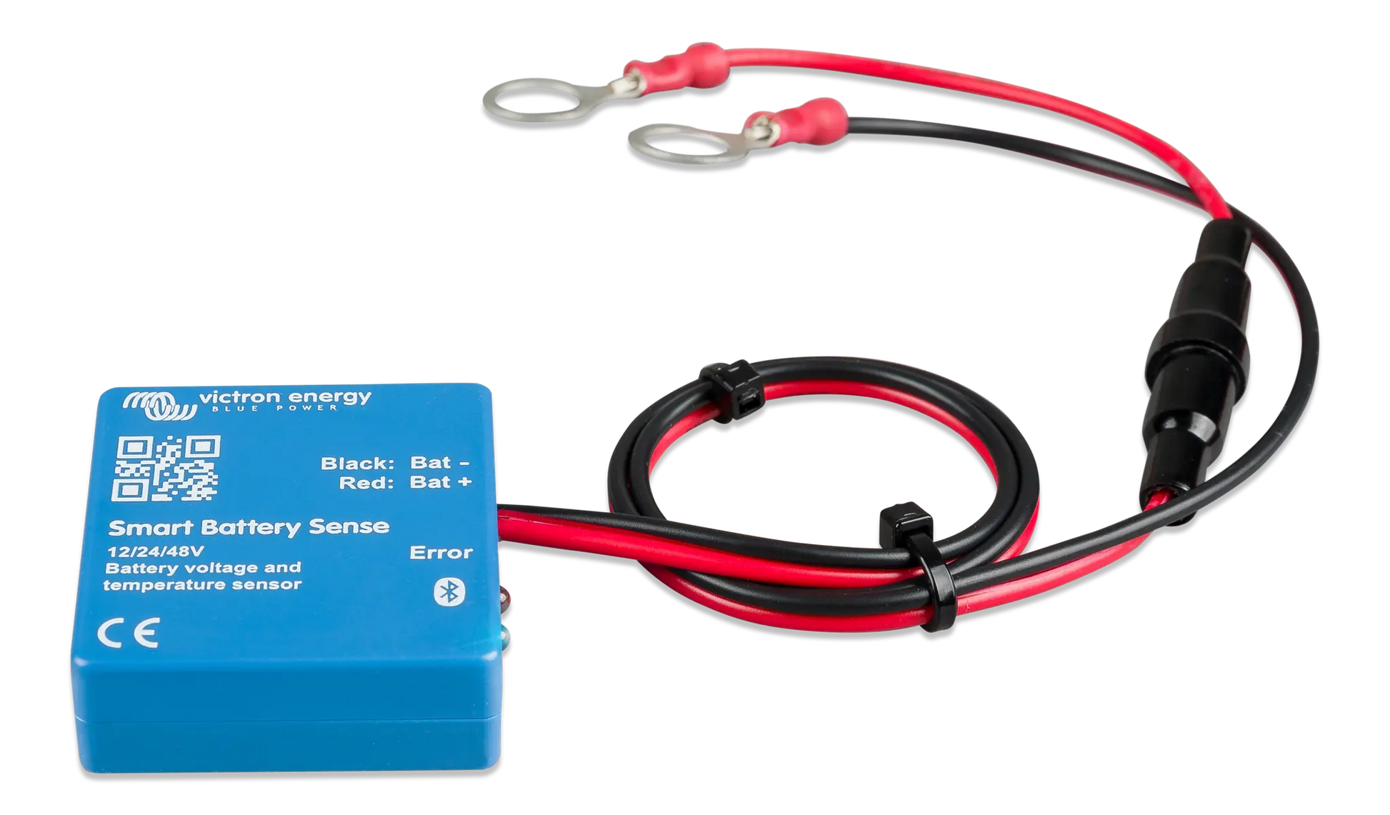 Blue battery monitor with red and black cables on a white background