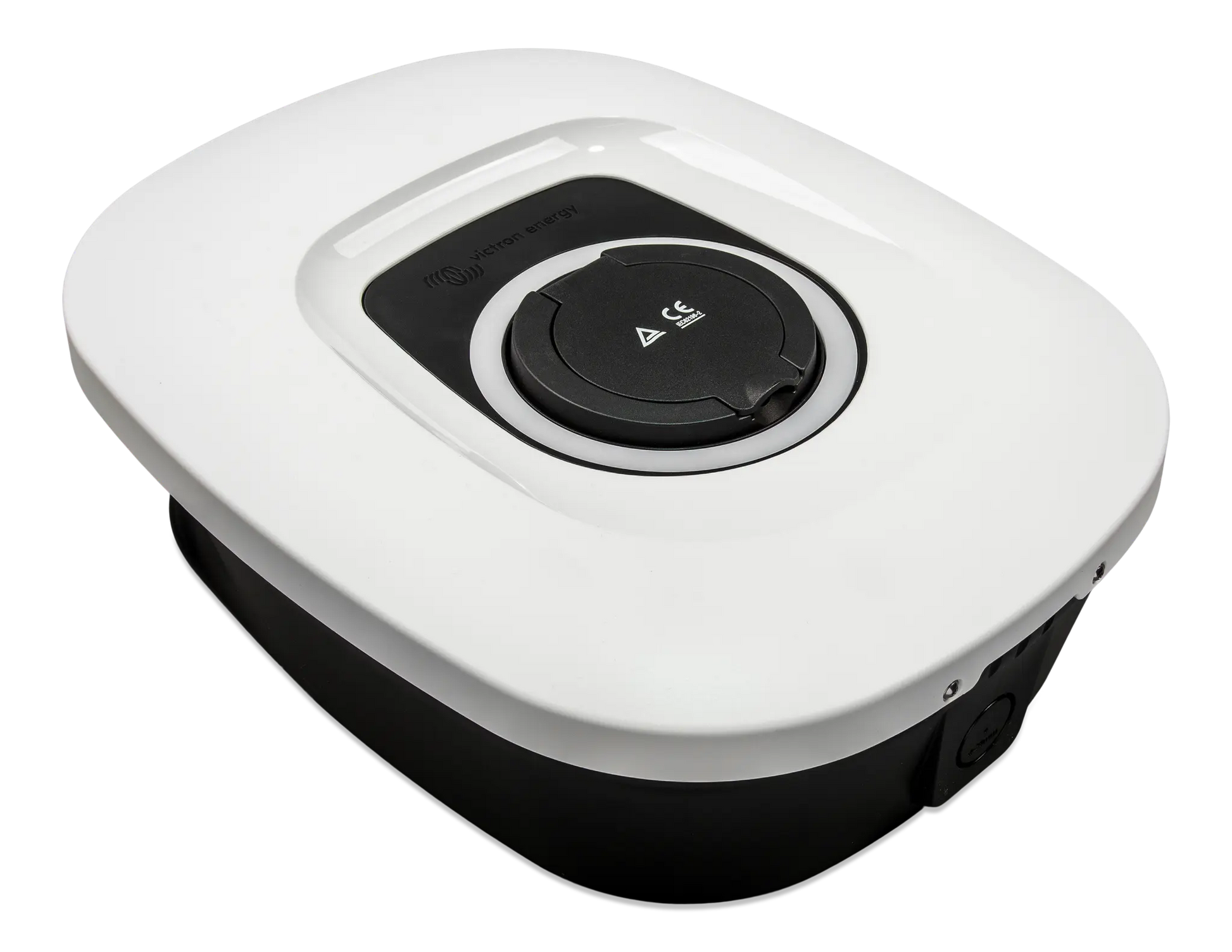 White electronic device with a black circular component on a white background