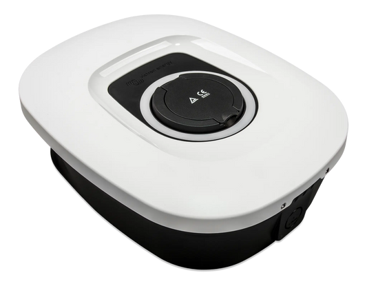 White electronic device with a black circular component on a white background