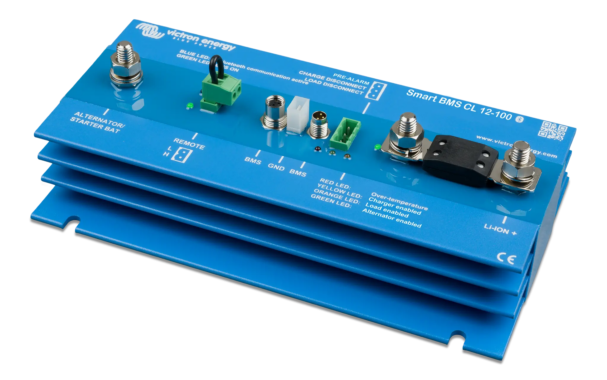 Blue electronic module with labeled components on a white background