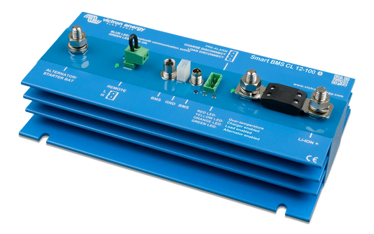 Blue electronic module with labeled components on a white background